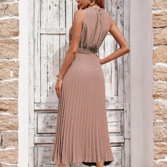 Shirred Waist Pleated Hem Swiss Dot Dress BROWN - Picture 8 of 8